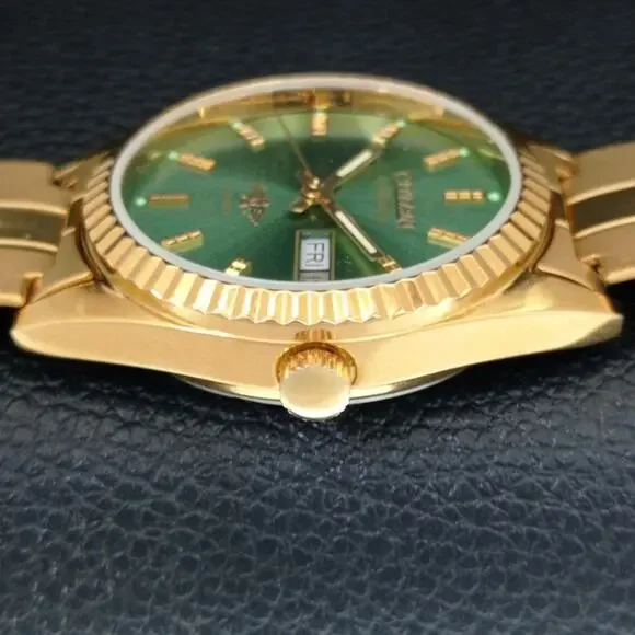 Vintage 1990 Citizen Automatic Mens Gold Watch W/daydate & Green accents - Picture 5 of 10